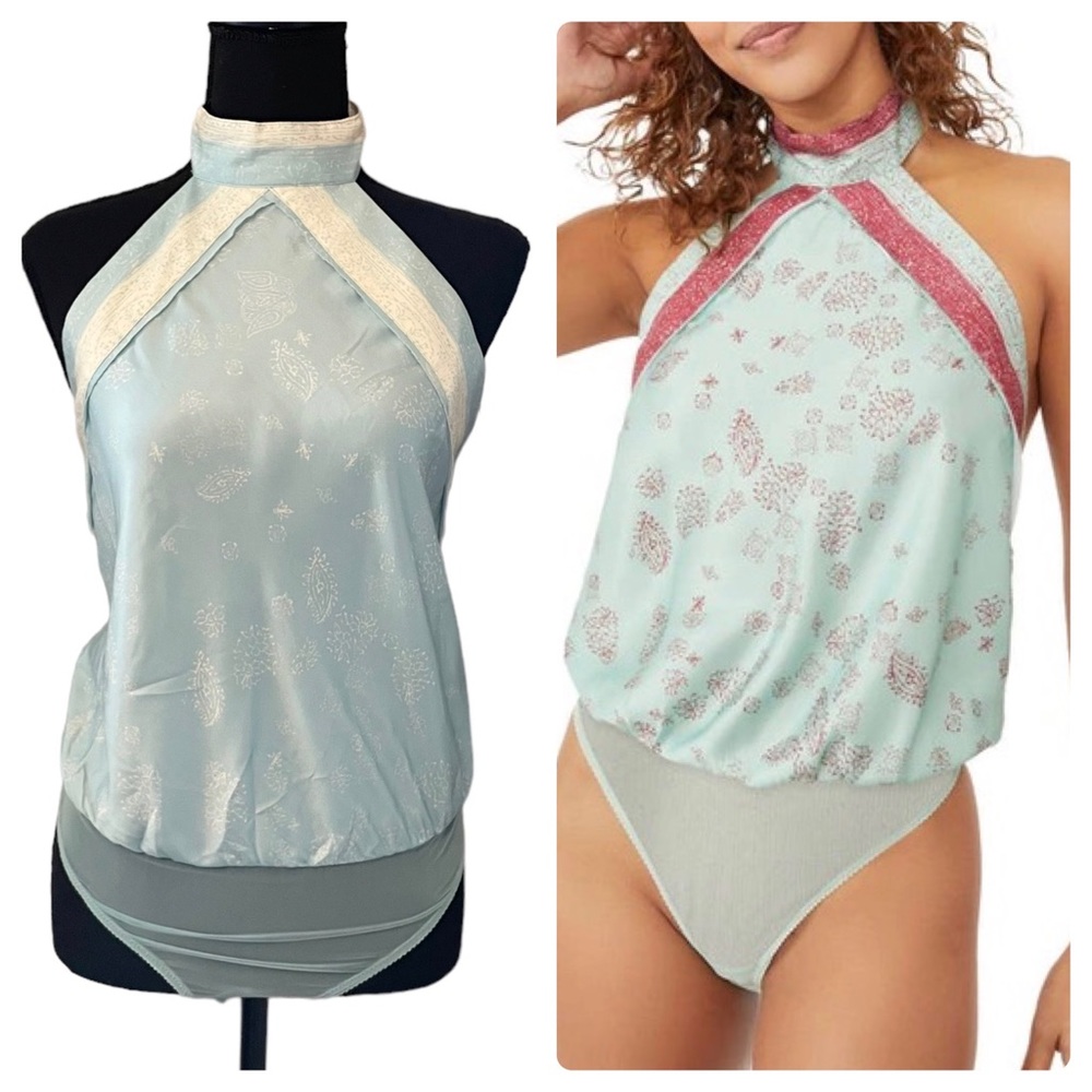 Free People Mint Halter Bodysuit with Pink Metallic Trim